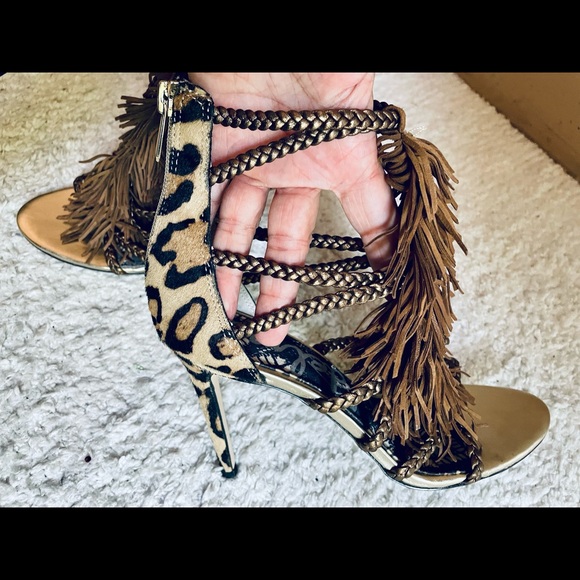 Sam Edelman Fringed Strappy Gladiator Style Leopard Cage Heels sz 7.5 - Picture 7 of 8